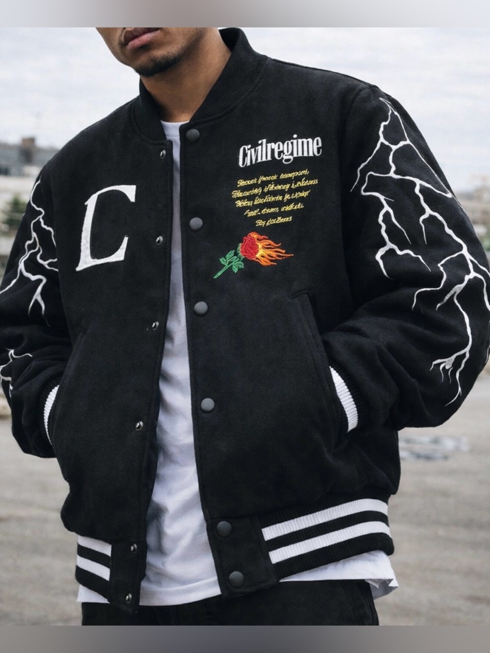 Civil Regime Night Strikes Varsity Jacket Black Lightning Rose men’s size large